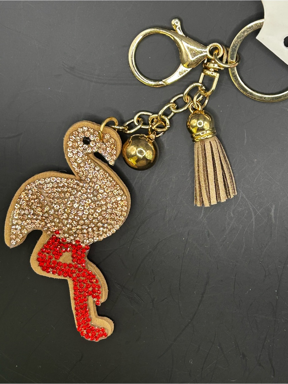 Gold and Red Flamingo Crystal Keychain Pom Tassel